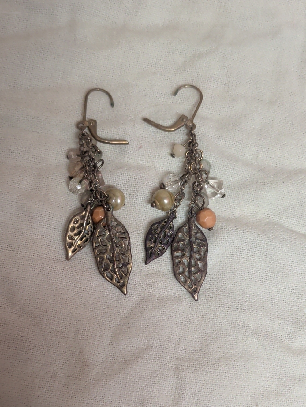 Vintage Antique-Gold Leaf Dangle Earrings with Peach and Pearl Accents